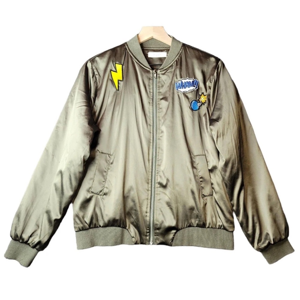 Elodie Anthropologie Army Green Satin Bomber Jacket Cartoon Patches M